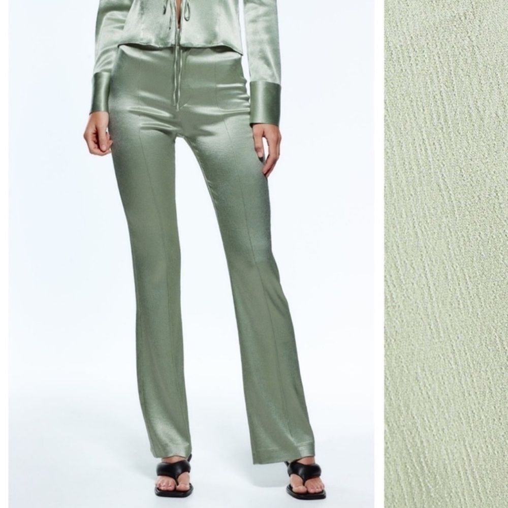 Zara Satin Light Green Silk High Waisted Flare Pants